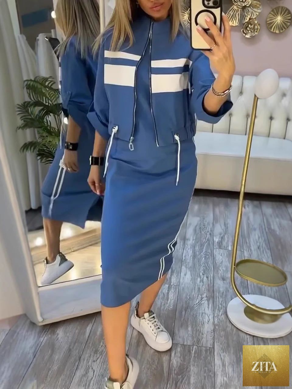 Women's Zip-Up Bomber Track Jacket & Bodycon Midi Dress Set