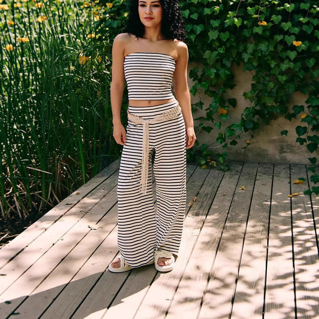 Women's striped tube top and pants set by FitiqueFit, casualwear matching outfit made of modal fabric, shown on a model.