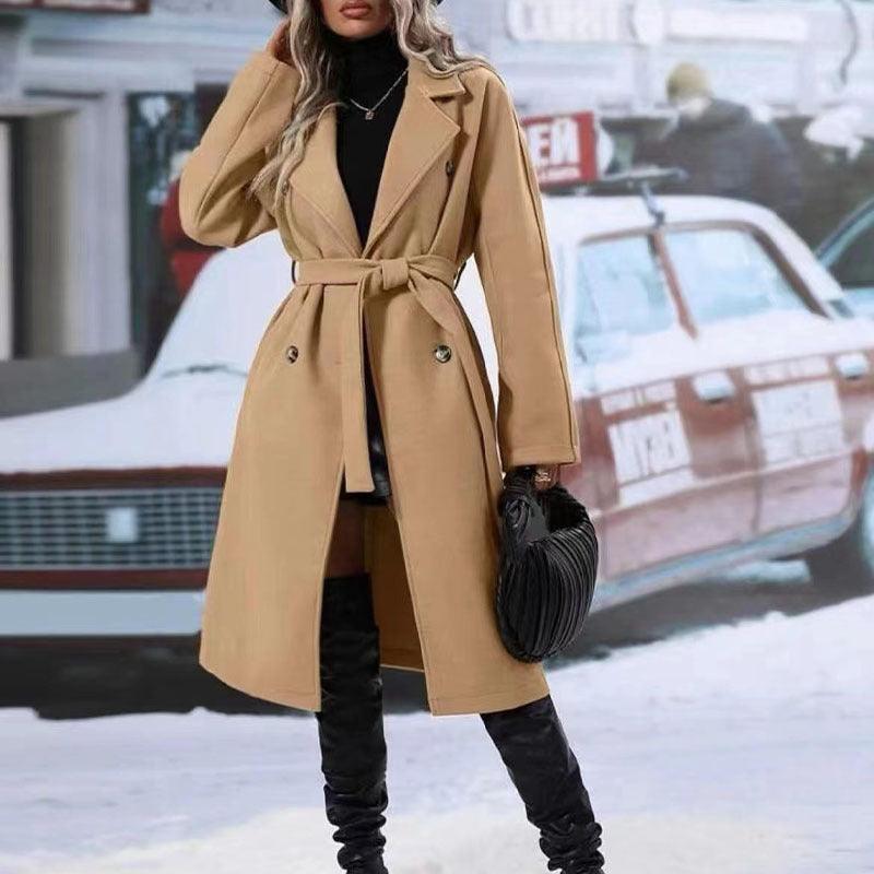 Stevvex women's winter coat with notched lapel, double-breasted design, belt, solid color long wool blend trench coat.