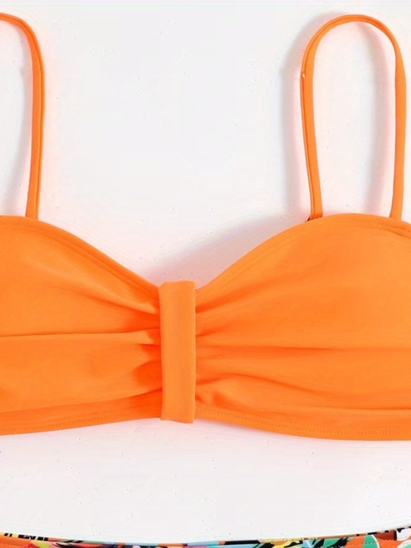 Tangerine red floral high waist bikini set for women featuring off-shoulder style, lace-up top, tummy control, perfect for summer beachwear.