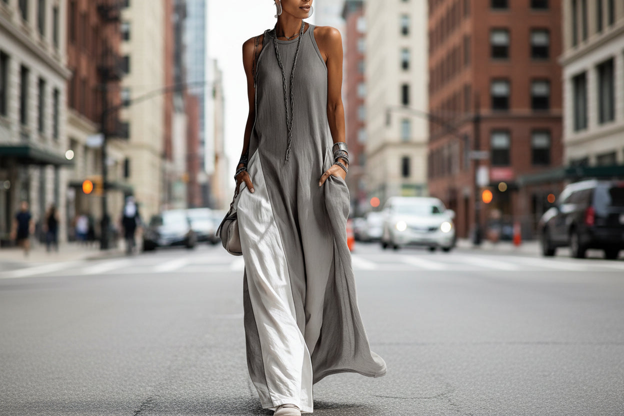 Women's sleeveless off-shoulder loose maxi dress with pockets by FitiqueFit, featuring a flowy silhouette and casual style.