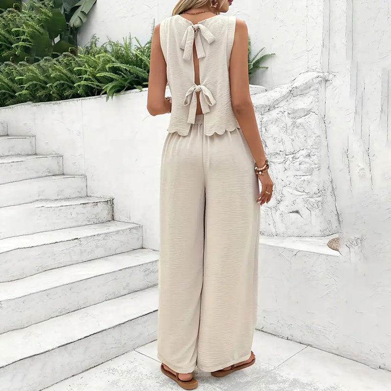 Elegant FitiqueFit casualwear 2-piece matching set with sleeveless crop top and wide-leg pants, perfect for stylish everyday wear.