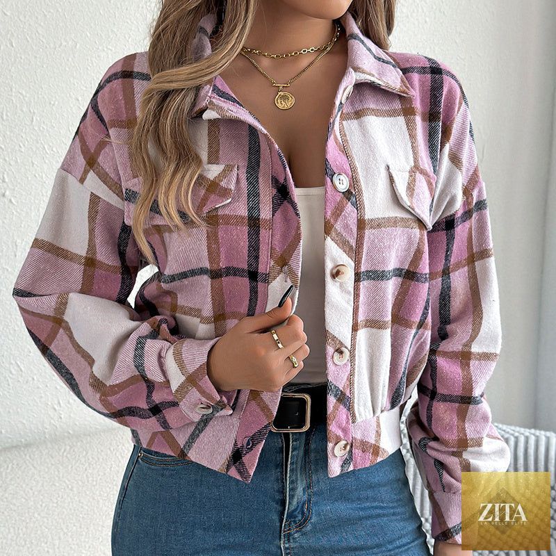 Women’s plaid shacket by FitiqueFit, long-sleeve button-down shirt jacket with a stylish plaid pattern and classic collar.