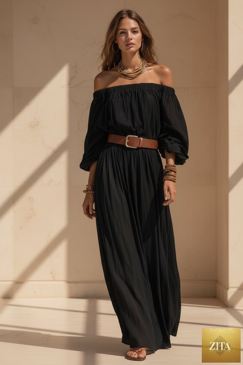 Women's off-shoulder balloon sleeve maxi dress by MERIDGE, featuring a flowing silhouette and stylish neckline.