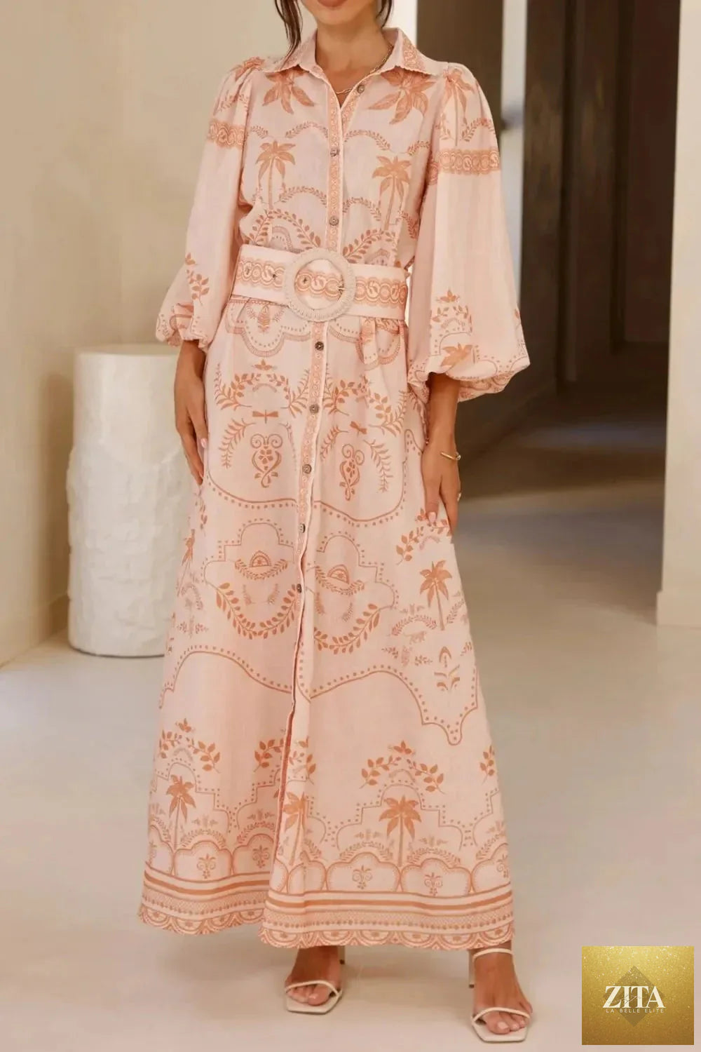 Printed balloon sleeve maxi shirt dress from Shopiebay featuring a relaxed fit and stylish design, perfect for casual wear.