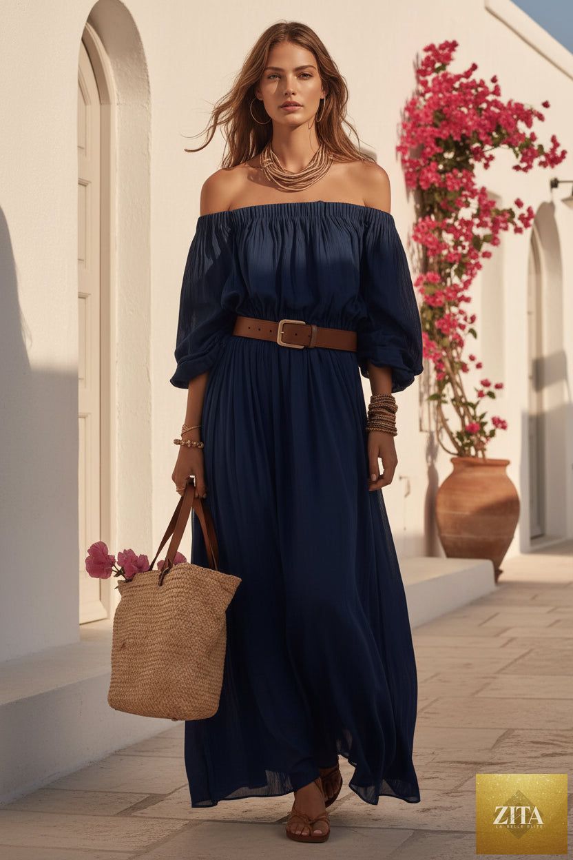Women's Off-Shoulder Balloon Sleeve Maxi Dress by MERIDGE, featuring flowing fabric, off-shoulder neckline, and voluminous sleeves.