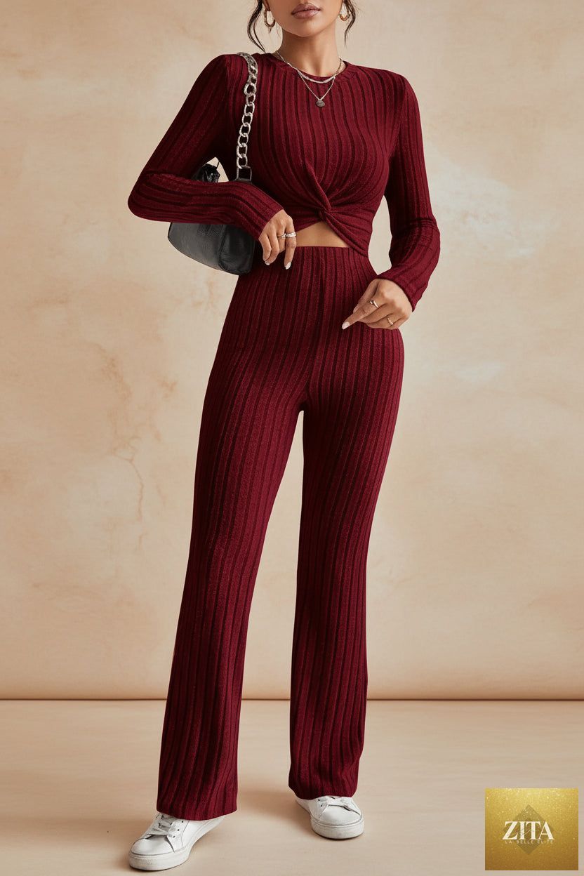 Women's Twist-Front Crop Top & Wide-Leg Ribbed Knit Set – 3 Colors