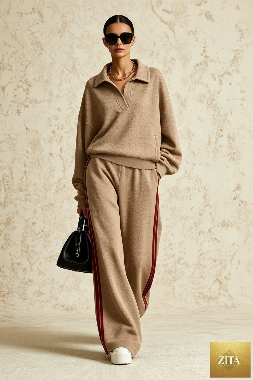 Women's Polo-Collar Oversized Sweatshirt & Side-Stripe Wide-Leg Pants Set