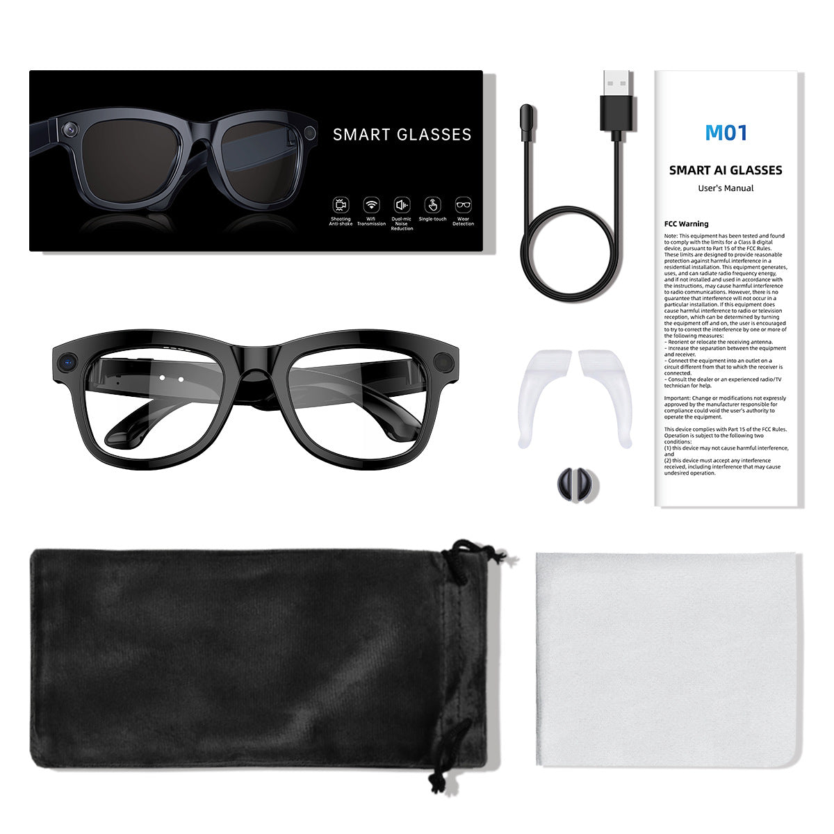FLIPSTYLEZLLC M01 HD Camera glasses with object recognition and AI translation technology, showing a person wearing smart glasses.