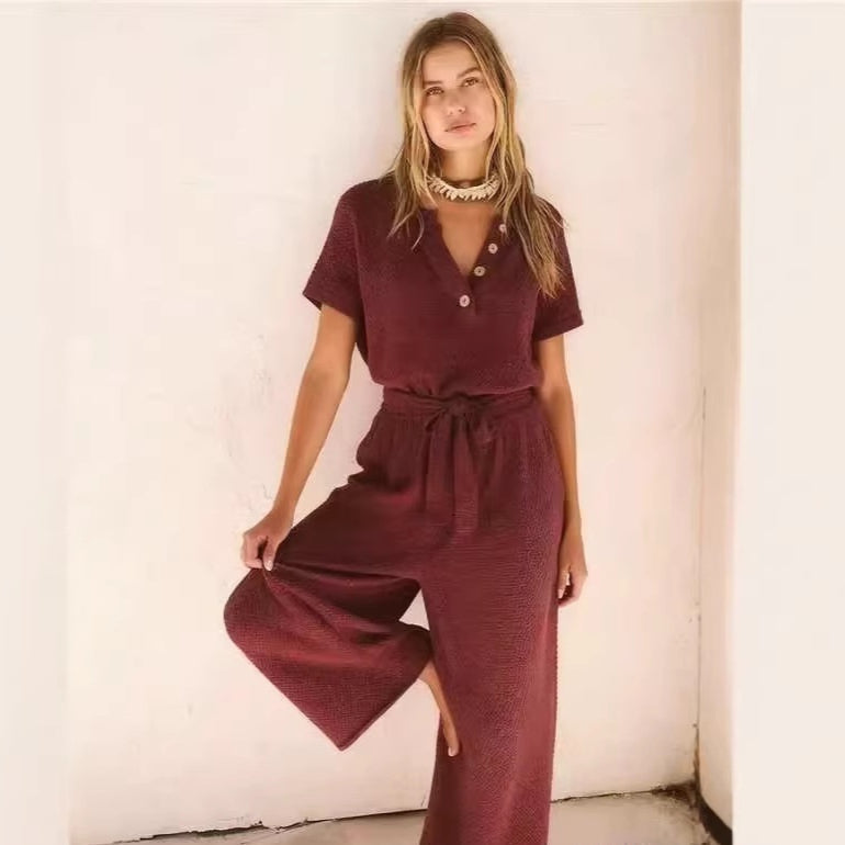 Women's Loose V-Neck Lace-Up Pocket Jumpsuit