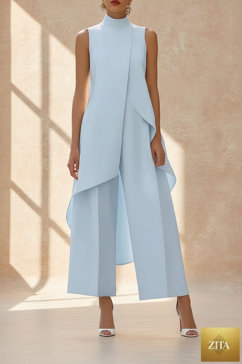 Women's Mock Turtleneck Sleeveless Asymmetric Cascade Drape Longline Top & Wide-Leg Cropped Trouser Set