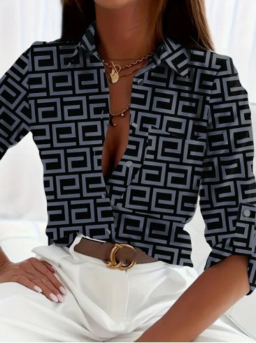 Women’s Stripe Print Long-Sleeve Blouse by FitiqueFit featuring a casual women's top with multicolor stripe pattern and button-front design.
