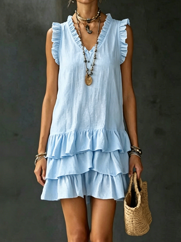 FitiqueFit V-neck ruffle-trim tiered sleeveless midi dress in four colors, featuring a casual V-neck style and flowy tiered design.