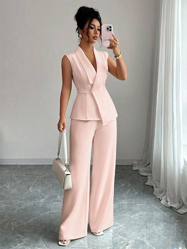 Women's sleeveless blazer and straight-leg pants two-piece set by FitiqueFit, casualwear outfit displayed on a model.