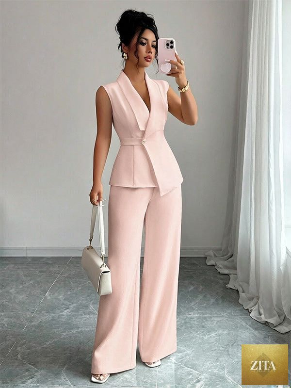 Women's MERIDGE peplum sleeveless blazer and wide-leg pants two-piece set, featuring a stylish blazer with matching flowy pants.