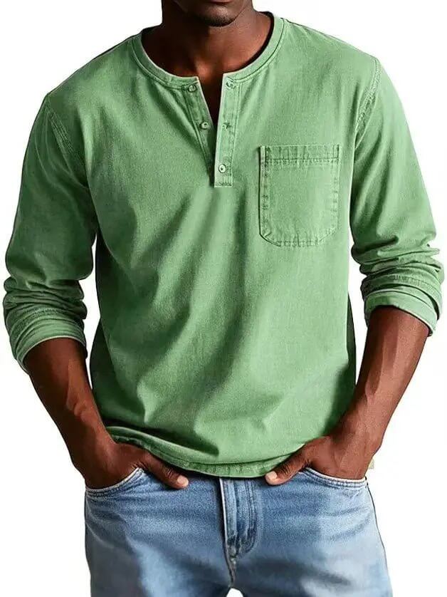 Men's V-neck Long-sleeved Pullover Top with Button Design