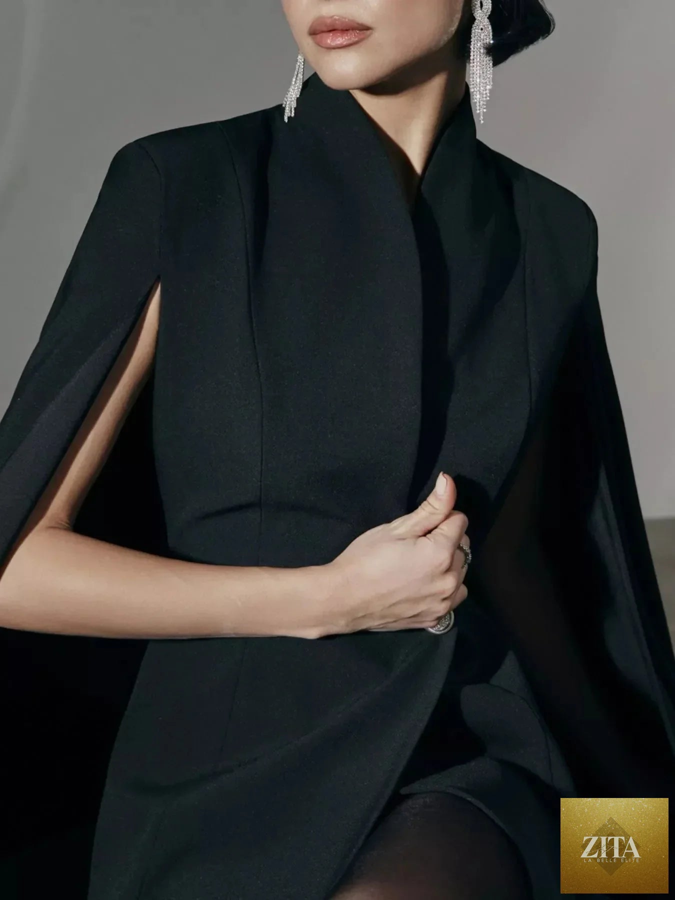 Shopiebay fitted mini blazer dress with one button closure and cape sleeves, stylish and tailored for a chic look.