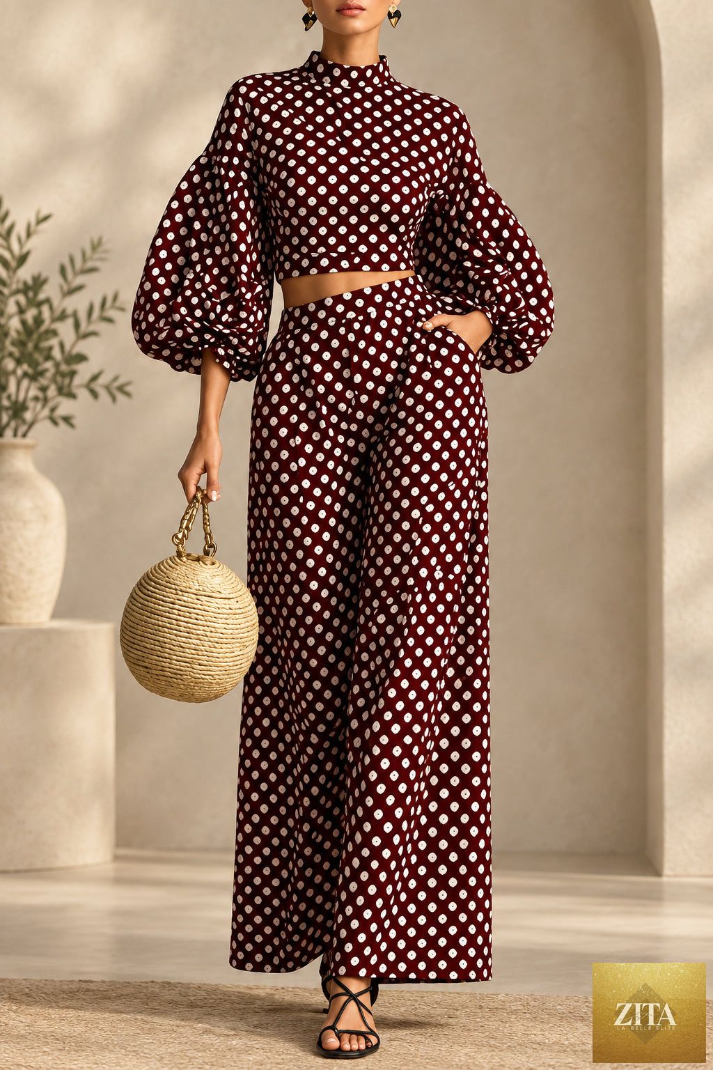 Women's 2-Piece Polka Dot Set – Lantern-Sleeve Mock-Neck Crop Top & High-Waisted Wide-Leg Trouser