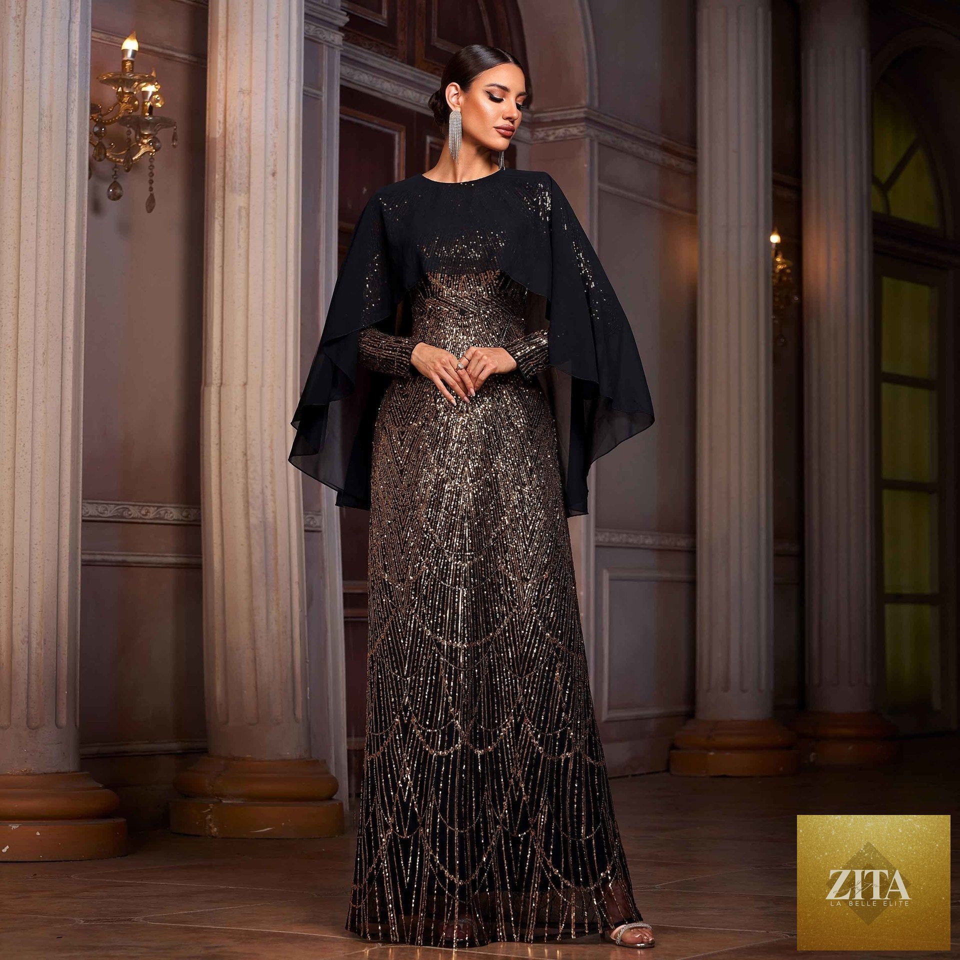 Elegant Long Sleeve Round Neck Shawl Banquet Sequined A- Line Evening Dress