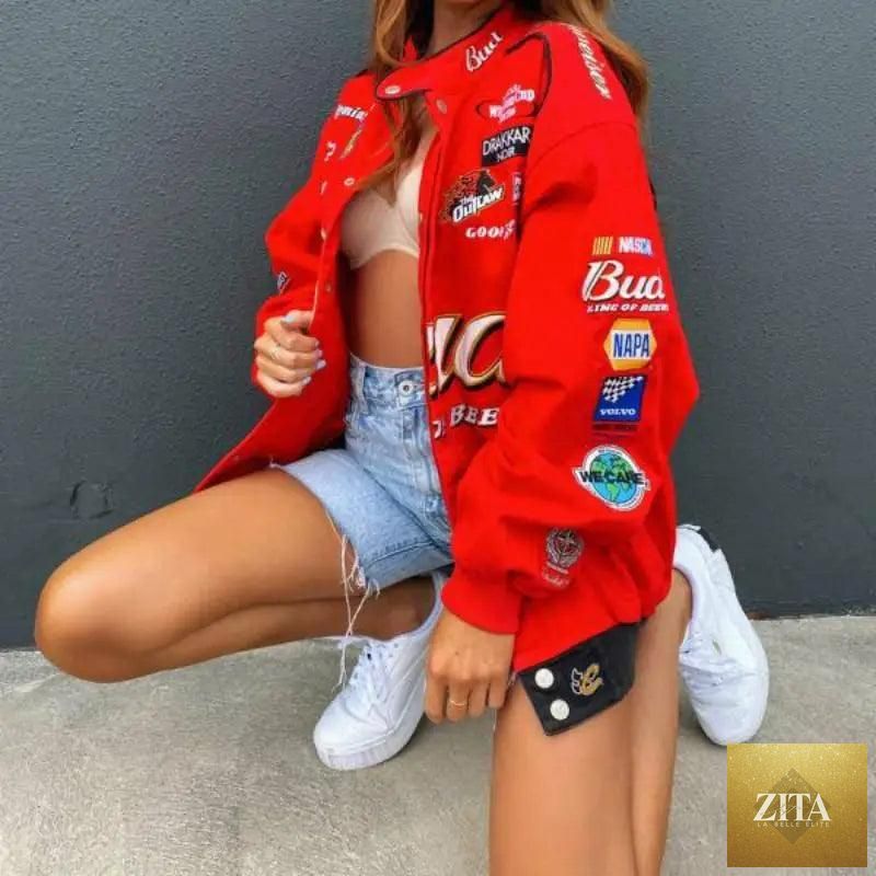 Red printed oversized coat jacket for women, long sleeve, casual winter and autumn sports style, from Stevvex.