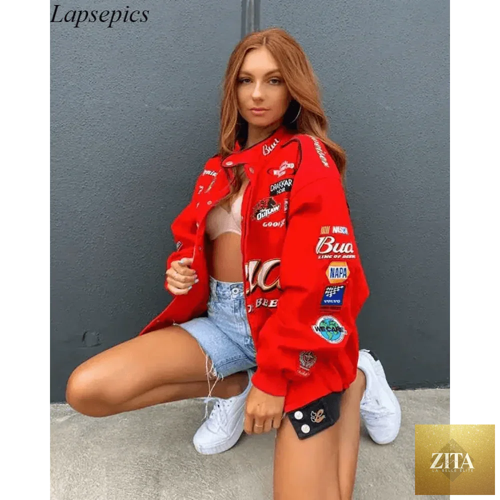Red printed loose long sleeve coat jacket for women, autumn and winter sports style, oversized casual outerwear by Stevvex.