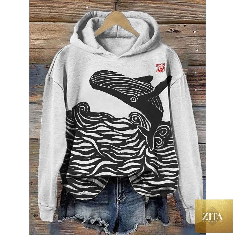 Women’s printed hooded long sleeve sweatshirt by FitiqueFit featuring a stylish pattern and a cozy hooded design.