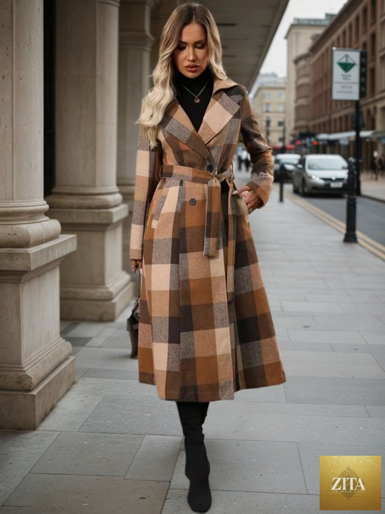 Women’s woolen double-breasted coat with lapel collar and lace-up long windbreaker design by FitiqueFit, shown on a model.