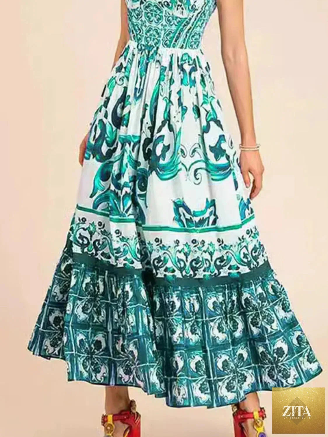 Smocked printed wide strap dress by Shopiebay featuring a feminine design and vibrant pattern, perfect for casual or summer wear.