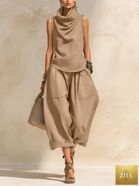 Women's Draped Cowl-Neck Sleeveless Top & Voluminous Balloon Lantern Trouser Set