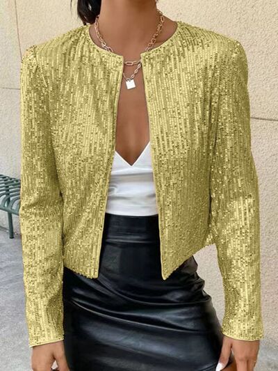 Stevvex women's full-size sequin cropped jacket with open front, glamorous sparkle, perfect for parties and evening wear.