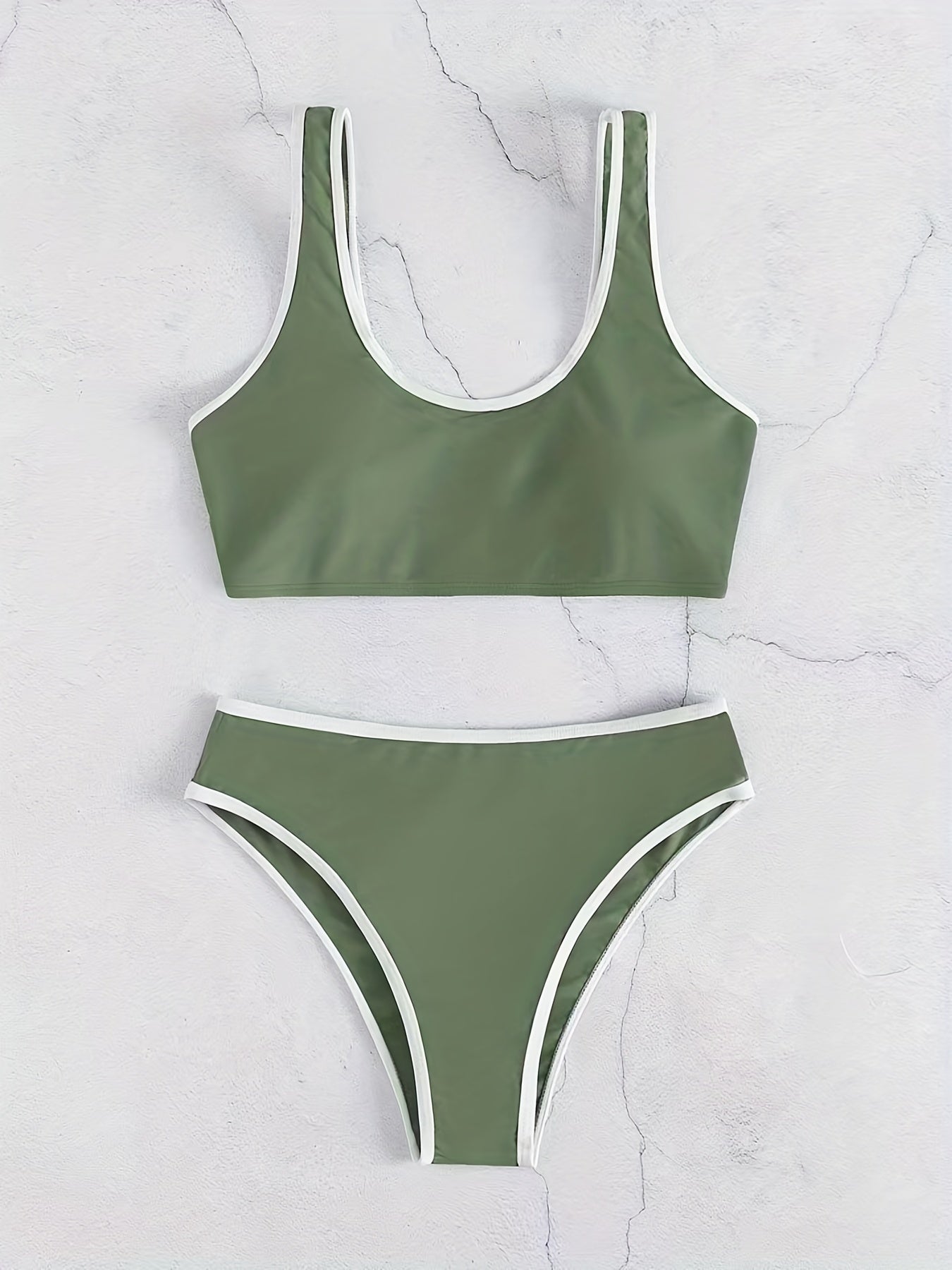 Stevvex women's bikini set with scoop neck, contrast trim, scallop edge, and matching swim briefs in solid color for beach and pool fun.