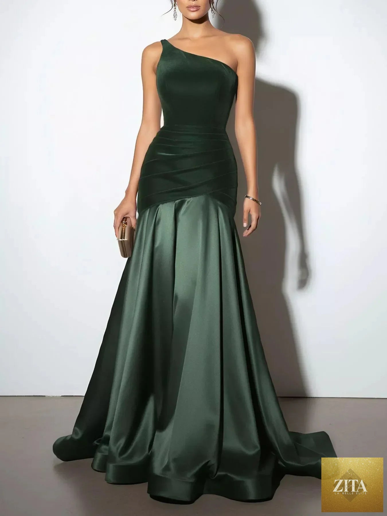 Elegant black single shoulder floor-length dress by Shopiebay, showcasing a flowing silhouette and stylish one-shoulder design.