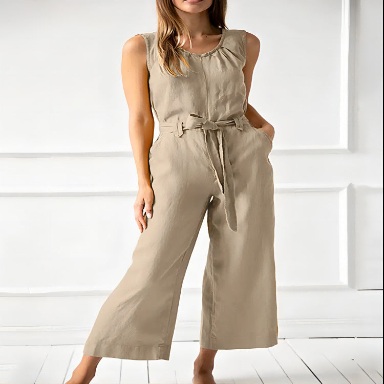 Women's solid-color mid-rise full-length cotton trousers by FitiqueFit, casualwear style, shown in a relaxed fit with pockets.