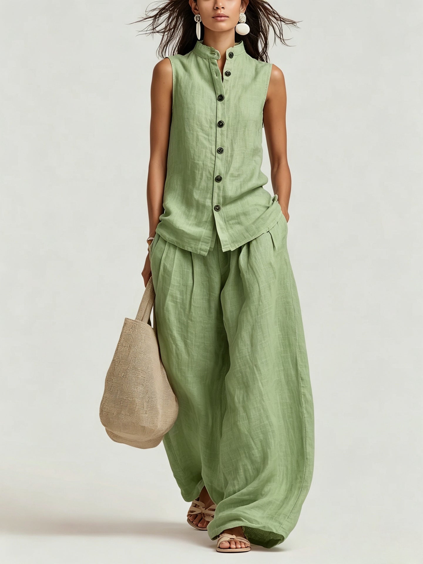 Women's Cotton-Linen Sleeveless Crewneck Vest & Pants Set