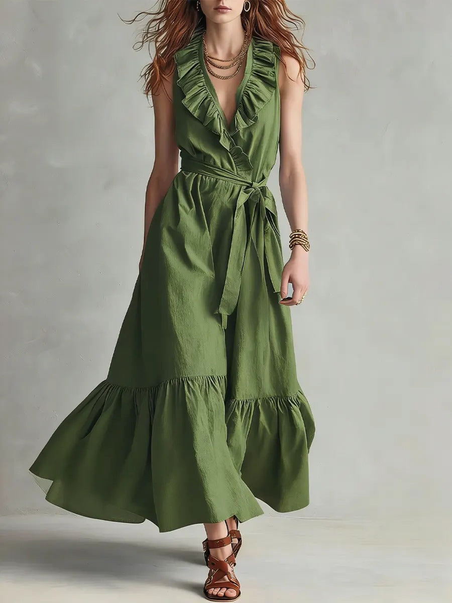 Women's V-neck sleeveless lace-up panelled maxi dress with wide flare, casualwear by FitiqueFit, shown in a flowing fabric design.