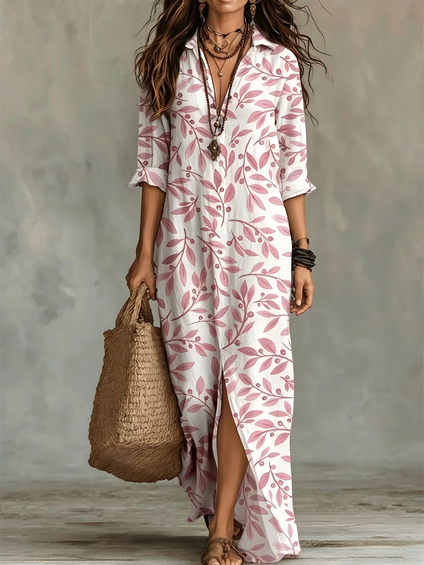 Digital print lapel midi shirt dress by FitiqueFit in five colors, featuring a casualwear design with a relaxed fit.