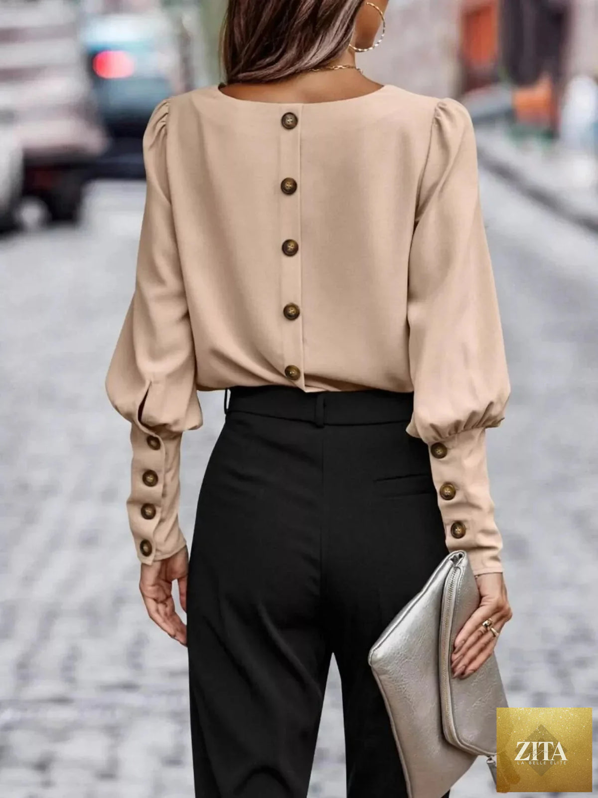 Simply Love back button lantern sleeve blouse featuring a stylish design with lantern sleeves and a back button detail.
