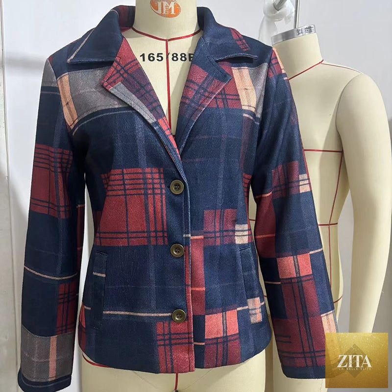 Vintage FitiqueFit women's blazer with stand collar and single-row buttons, tailored jacket for a classic, polished look.