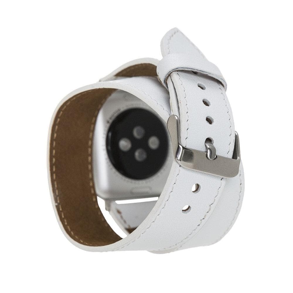 Luxury white leather double wrap Apple Watch band by LEATHERE, showing the soft textured leather and secure clasp.