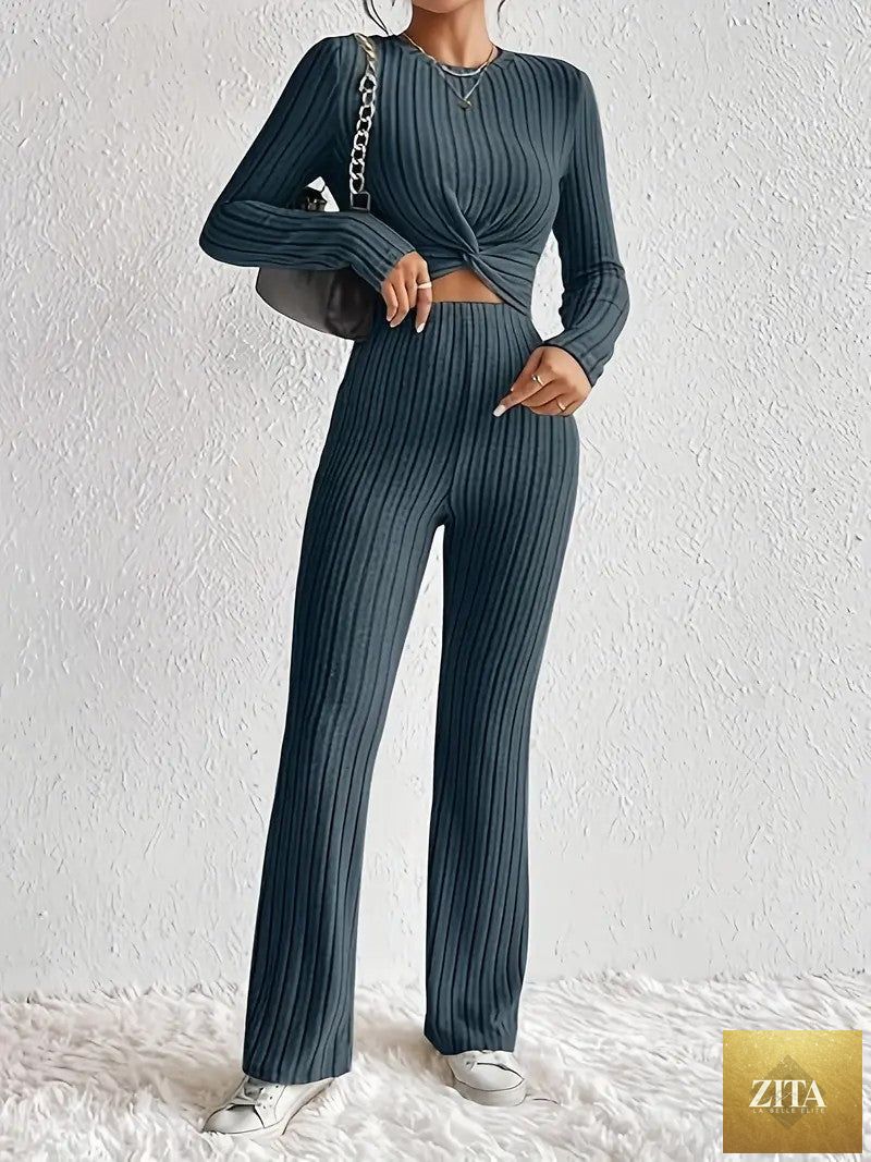 Women's Twist-Front Crop Top & Wide-Leg Ribbed Knit Set – 3 Colors