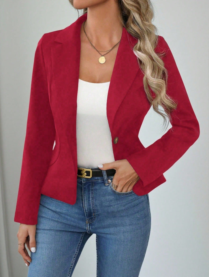 Women's slim fit solid color blazer by FitiqueFit, French style long sleeve jacket, front view showing tailored design and lapel details.
