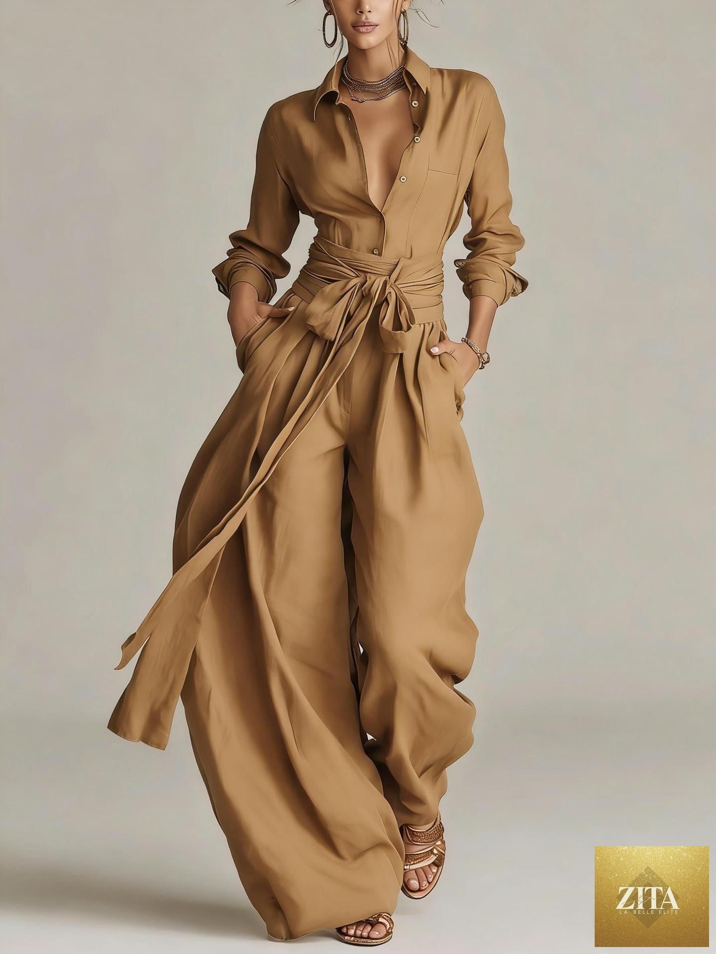 Women's linen long sleeve shirt and high-waist wide-leg pants set with tie belt by MERIDGE, featuring a relaxed, stylish look.