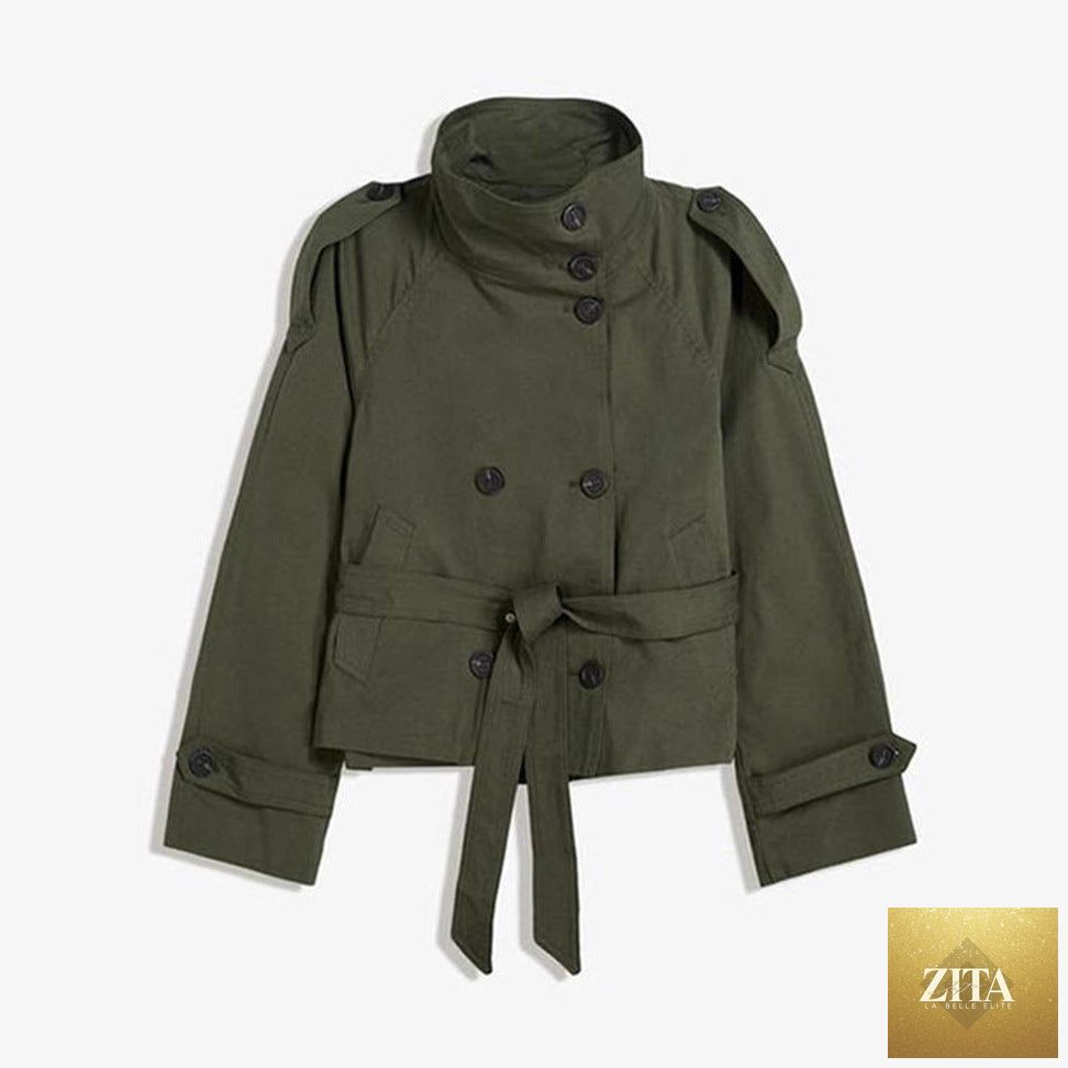 Women’s lace-up waist trench coat from FitiqueFit, stylish jacket with a fitted silhouette and classic design.