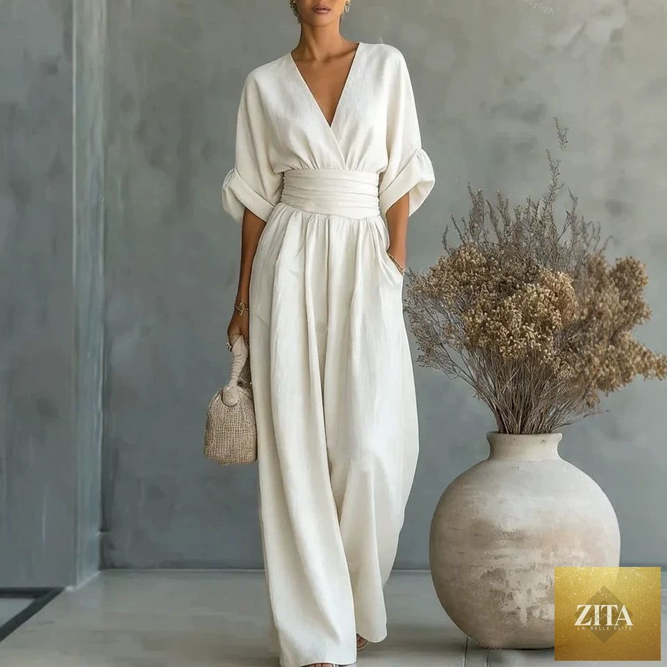 Women's MERIDGE V-Neck Wide-Leg Jumpsuit with high waist and pleated design, featuring an elegant and stylish fit.