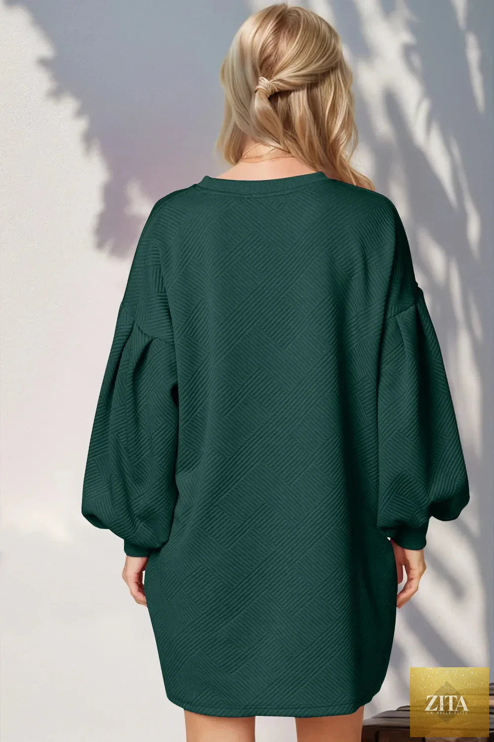 Shopiebay double take drop shoulder lantern sleeve mini dress with textured fabric and pockets, perfect for casual or stylish occasions.