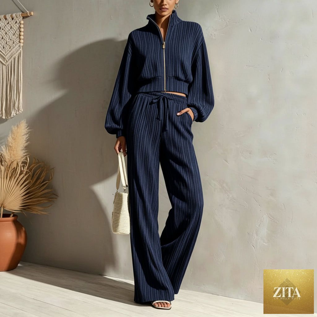 Women's Textured Woven-Stripe Puff-Sleeve Zip Jacket & Wide-Leg Pants Set