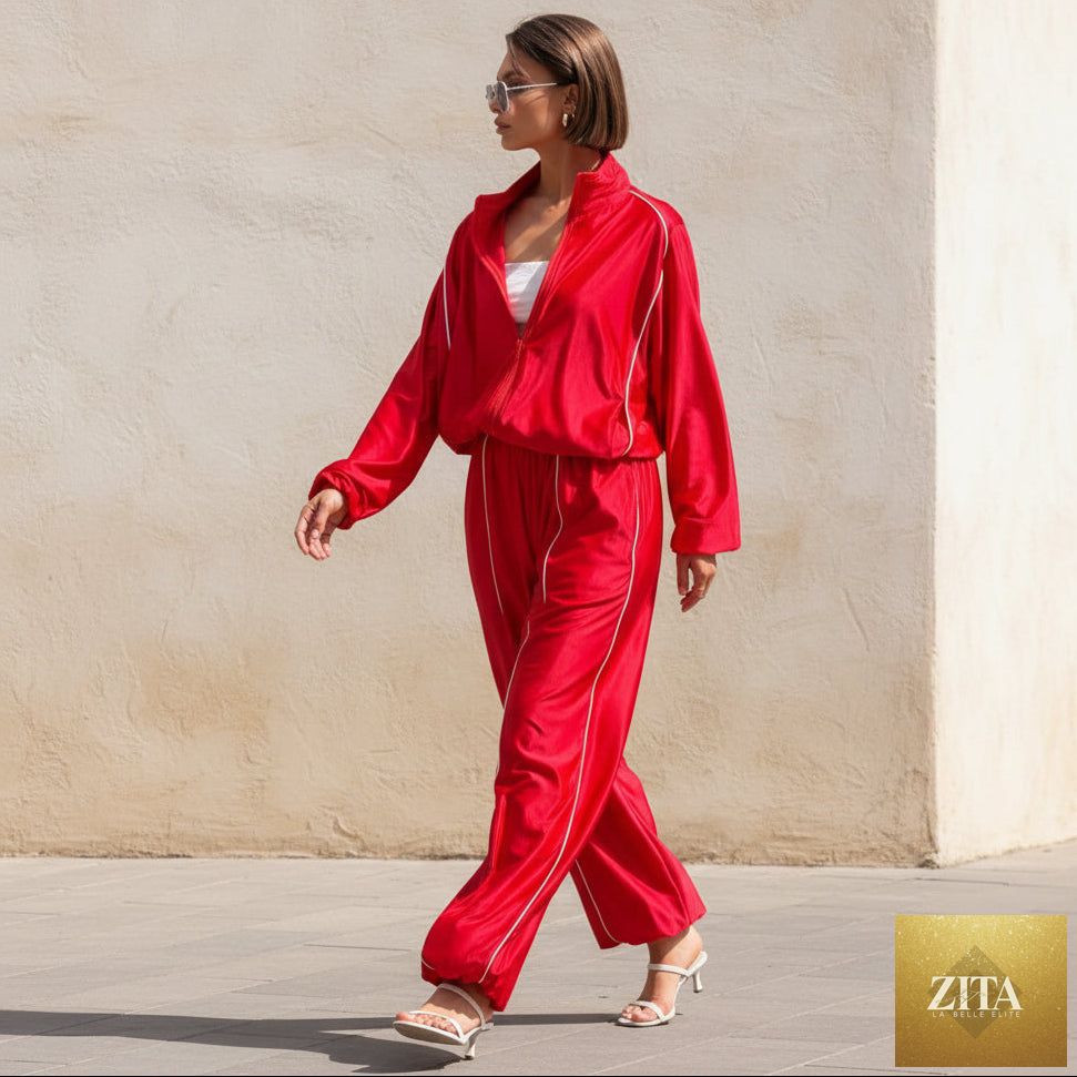 Women's Satin-Finish Zip Track Jacket & Wide-Leg Pants Set