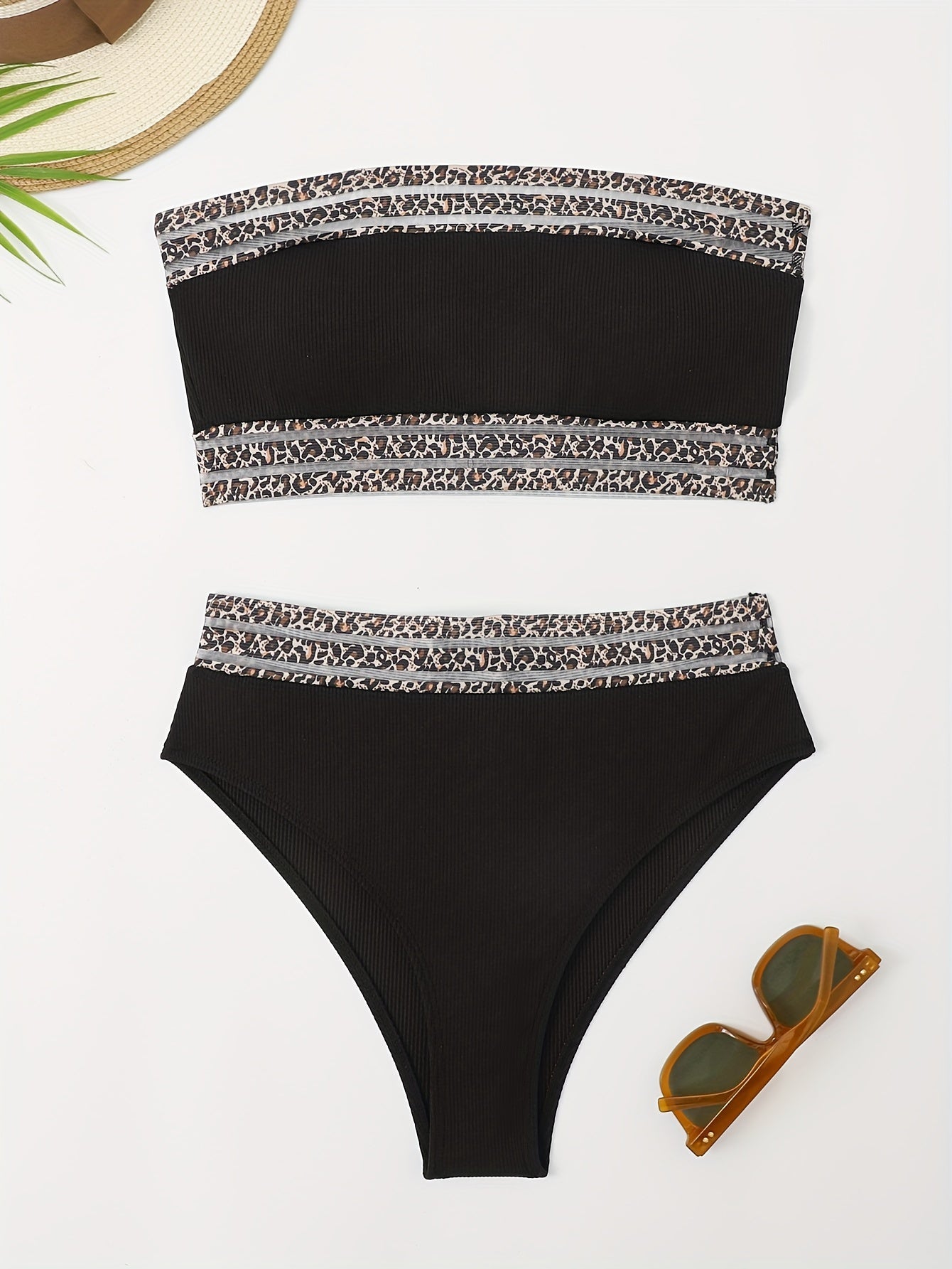 Stevvex leopard print high waist bandeau bikini set with mesh detail, stylish animal print swimwear for women’s beach and poolside.