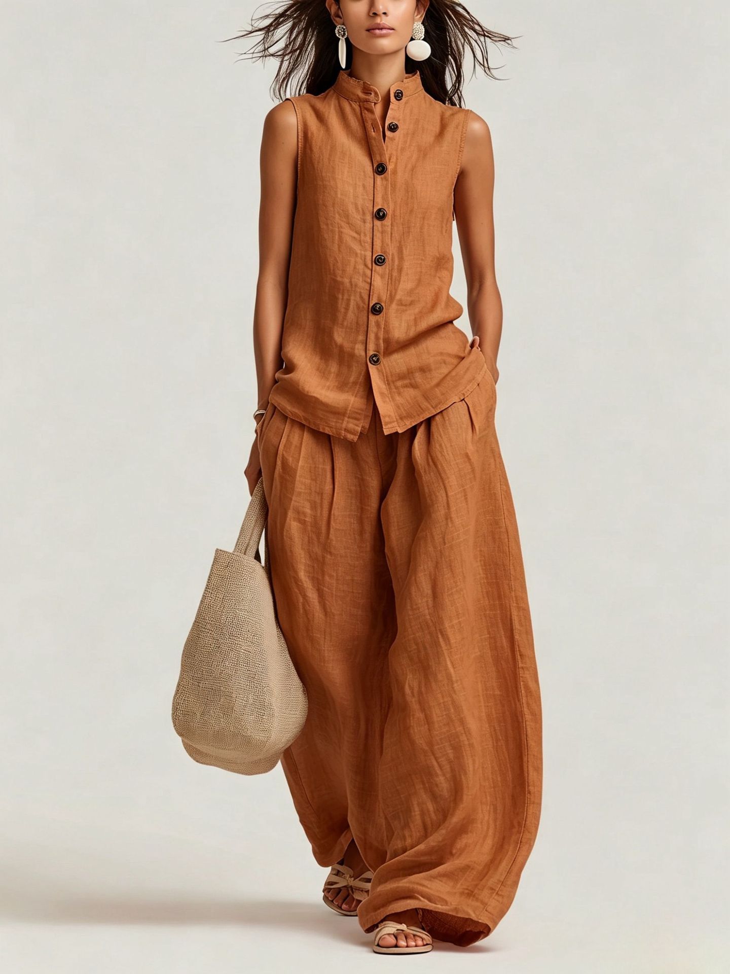 Women's Cotton-Linen Sleeveless Crewneck Vest & Pants Set