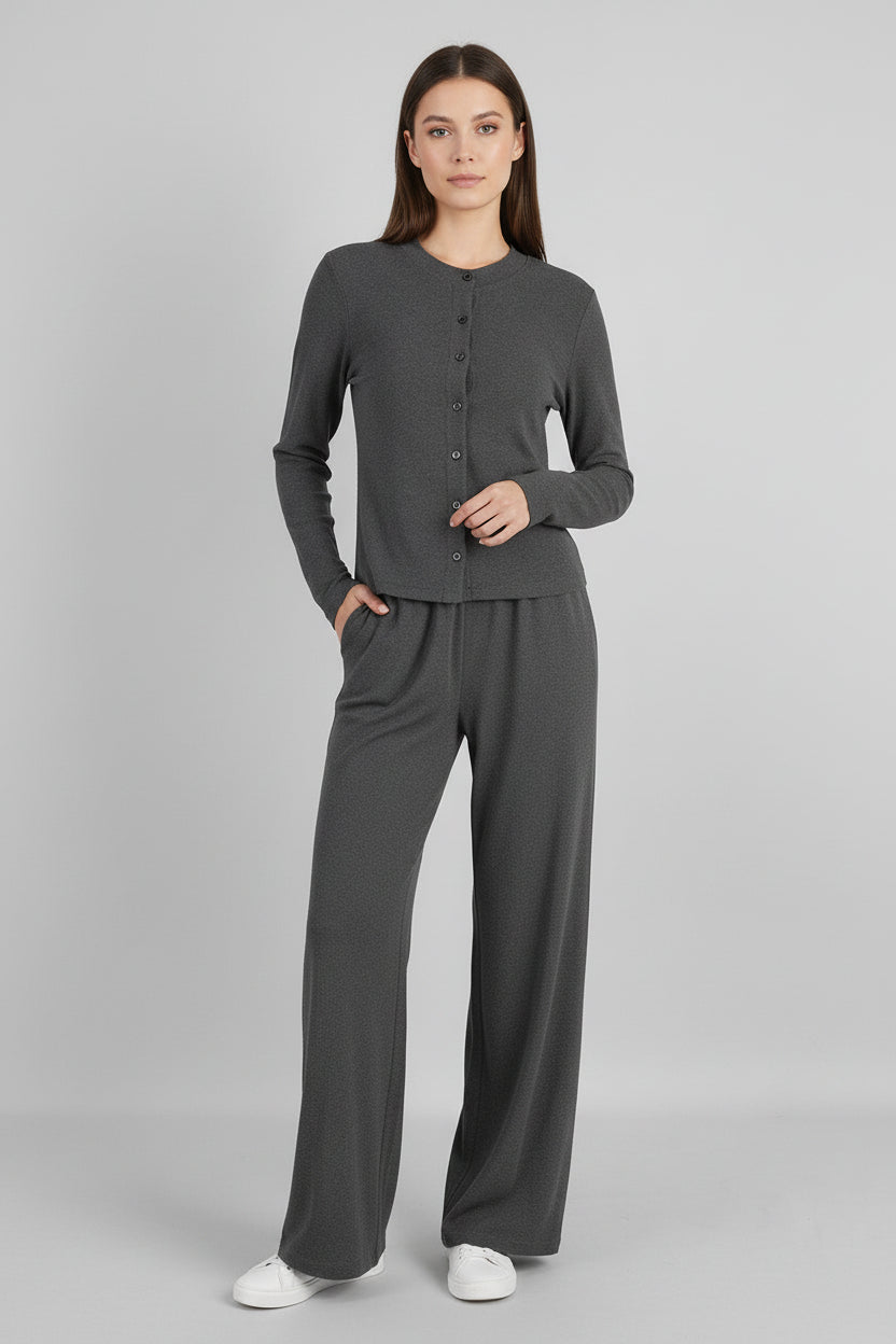 Women's ribbed knit cardigan with half-high neck and button-front trousers set, casualwear from FitiqueFit.